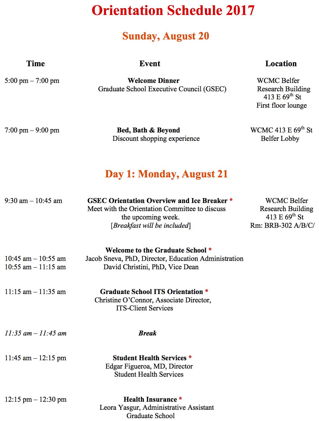 August Orientation Schedule 2017 | Graduate School of Medical Sciences