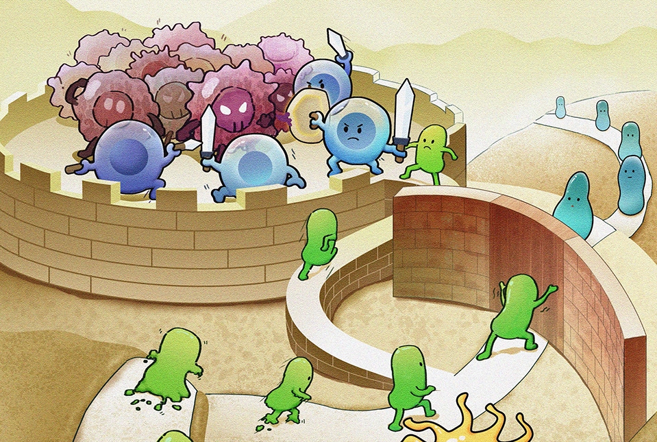 Cartoon image of green figures blocking blue figures from accessing a castle turret with cancer cells