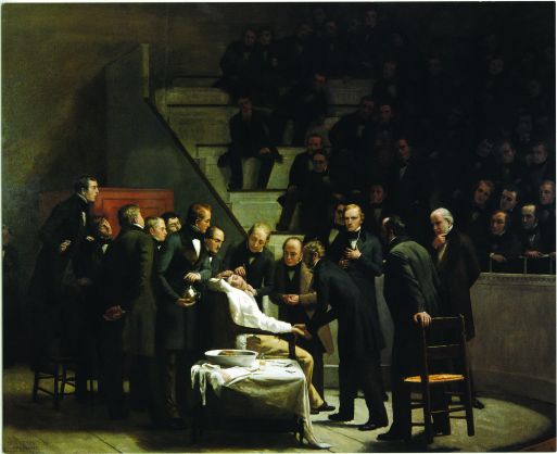 Robert Cutler Hinckley's classic painting The First Operation with Ether depicts anesthesia being used on a patient in 1846. Robert Cutler Hinckley's classic painting The First Operation with Ether depicts anesthesia being used on a patient in 1846.