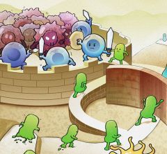 Cartoon image of green figures blocking blue figures from accessing a castle turret with cancer cells
